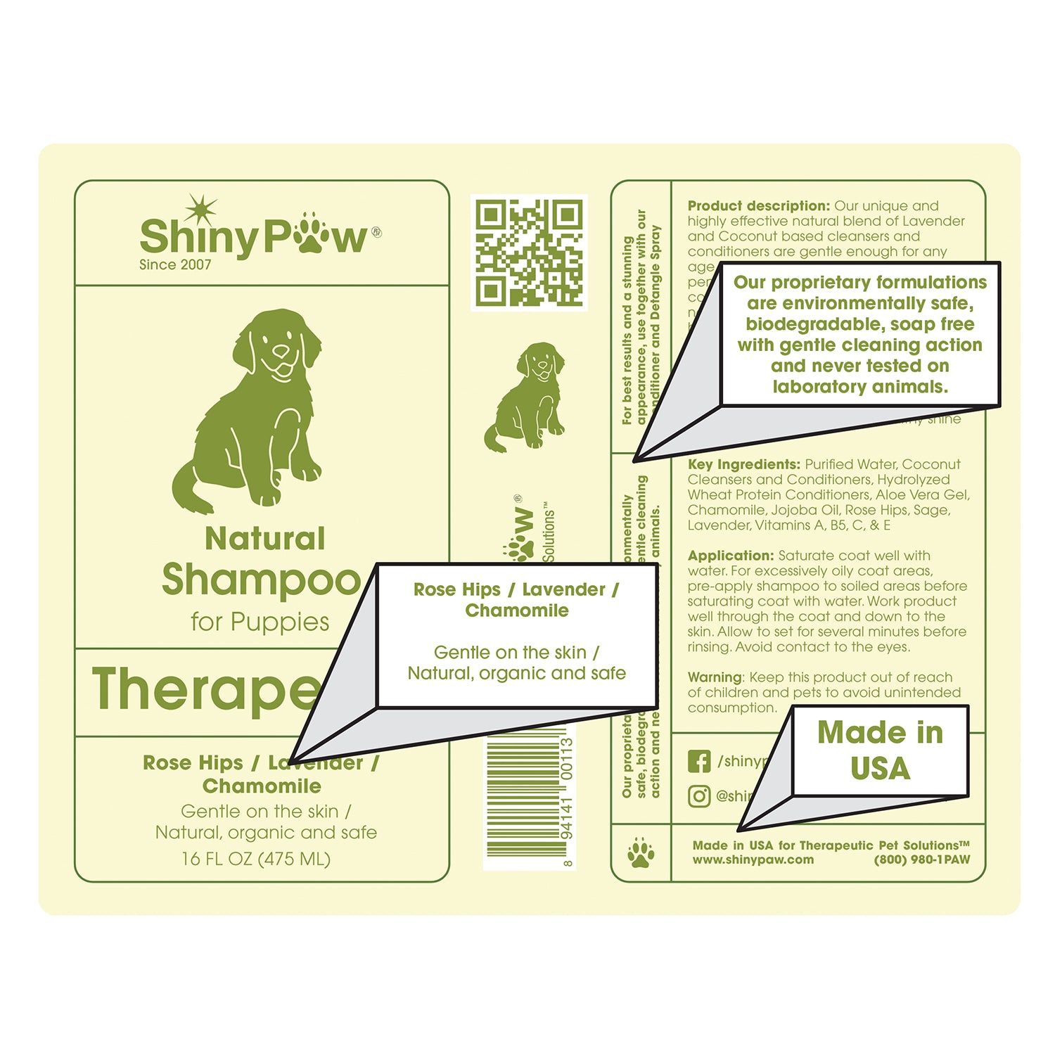 Shiny Paw Therapeutic Puppy Shampoo Rose Hips Lavender Chamomile