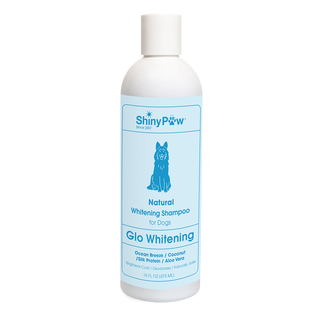 Shiny Paw Glo Whitening Shampoo for Dogs Ocean Breeze Coconut Silk Protein Aloe Vera 16oz