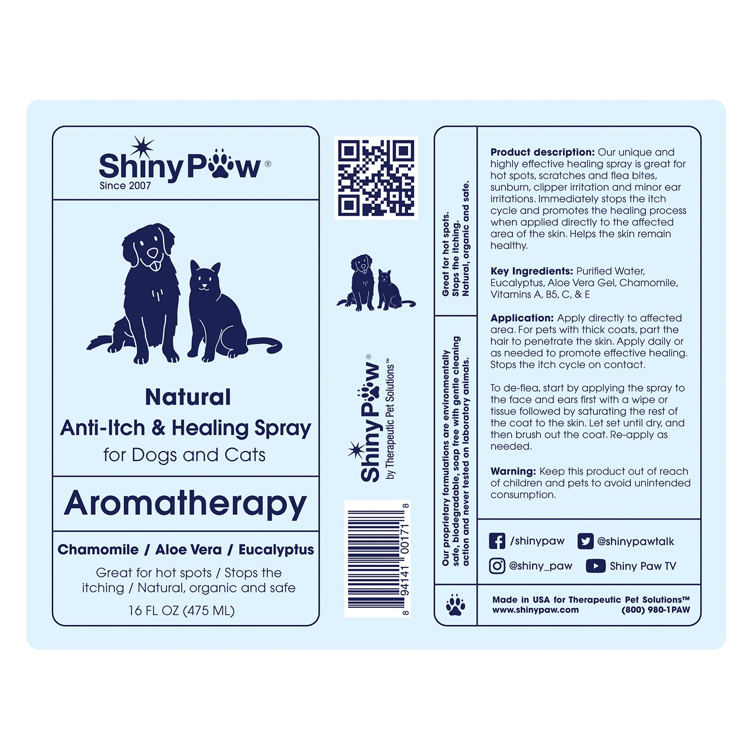 Shiny Paw Natural Anti-Itch and Healing Spray Dogs Cats 16oz