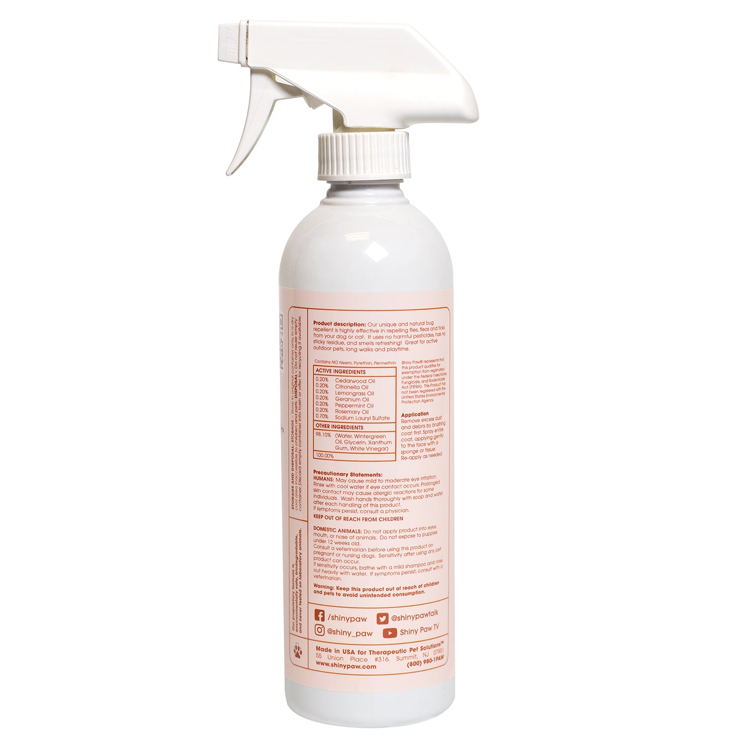 Shiny Paw Natural Bug Repellent Dogs Cats Aromatherapy Tea Tree Peppermint Cedar Wood Citronella 16oz