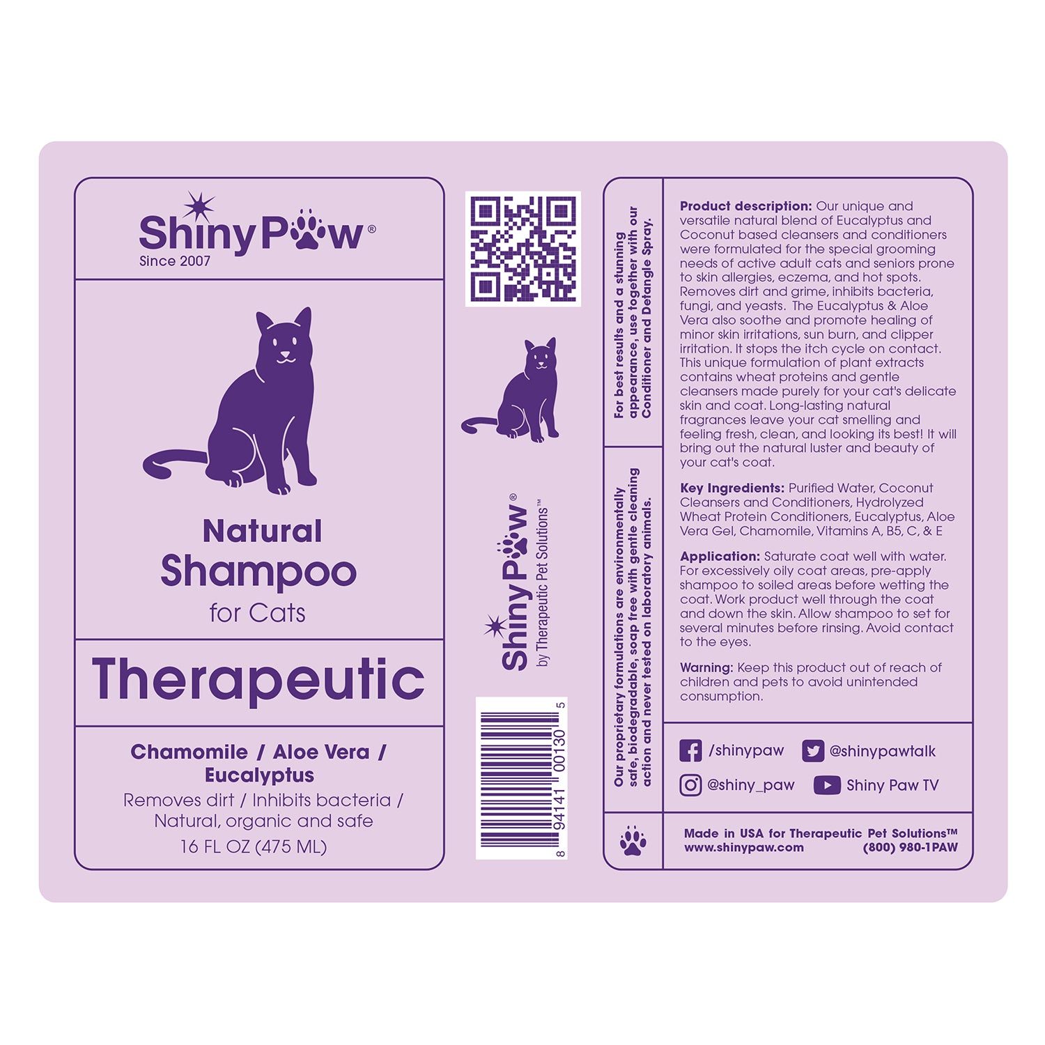 Shiny Paw Therapeutic Natural Shampoo for Cats Chamomile Aloe Eucalyptus