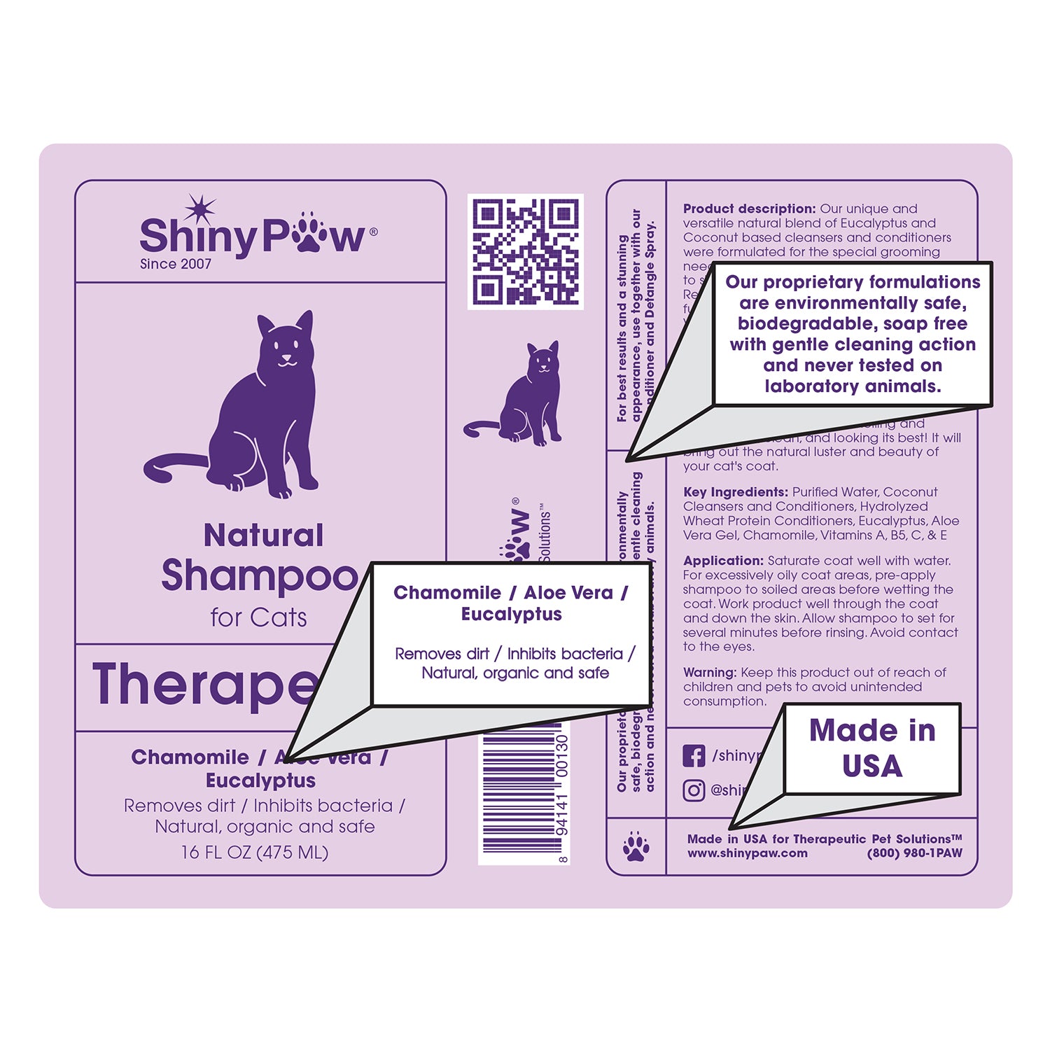 Shiny Paw Therapeutic Natural Shampoo for Cats Chamomile Aloe Eucalyptus