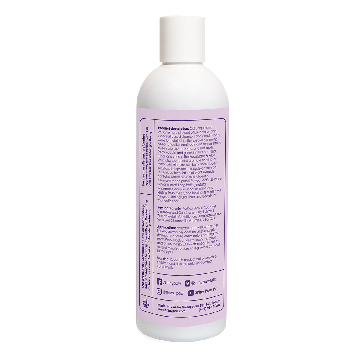 Shiny Paw Natural Cat Shampoo Therapeutic Chamomile Eucalyptus Aloe Vera 16oz