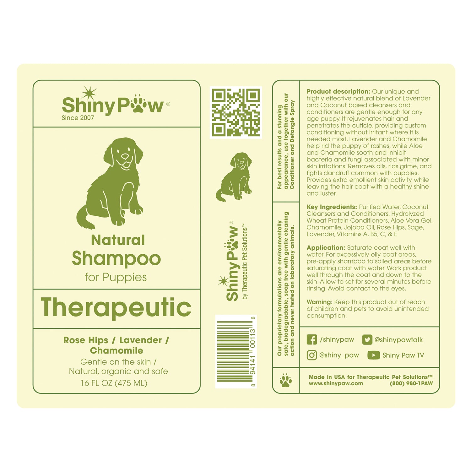 Shiny Paw Natural Therapeutic Puppy Shampoo Rose Hips Lavender Chamomile